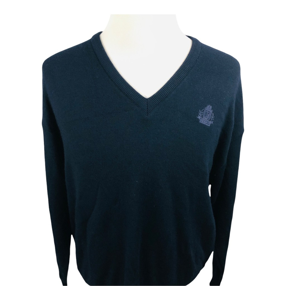 Vintage Izod Sweater Mens Large Crest Navy Blue Embroidered V Neck‎ USA Pullover